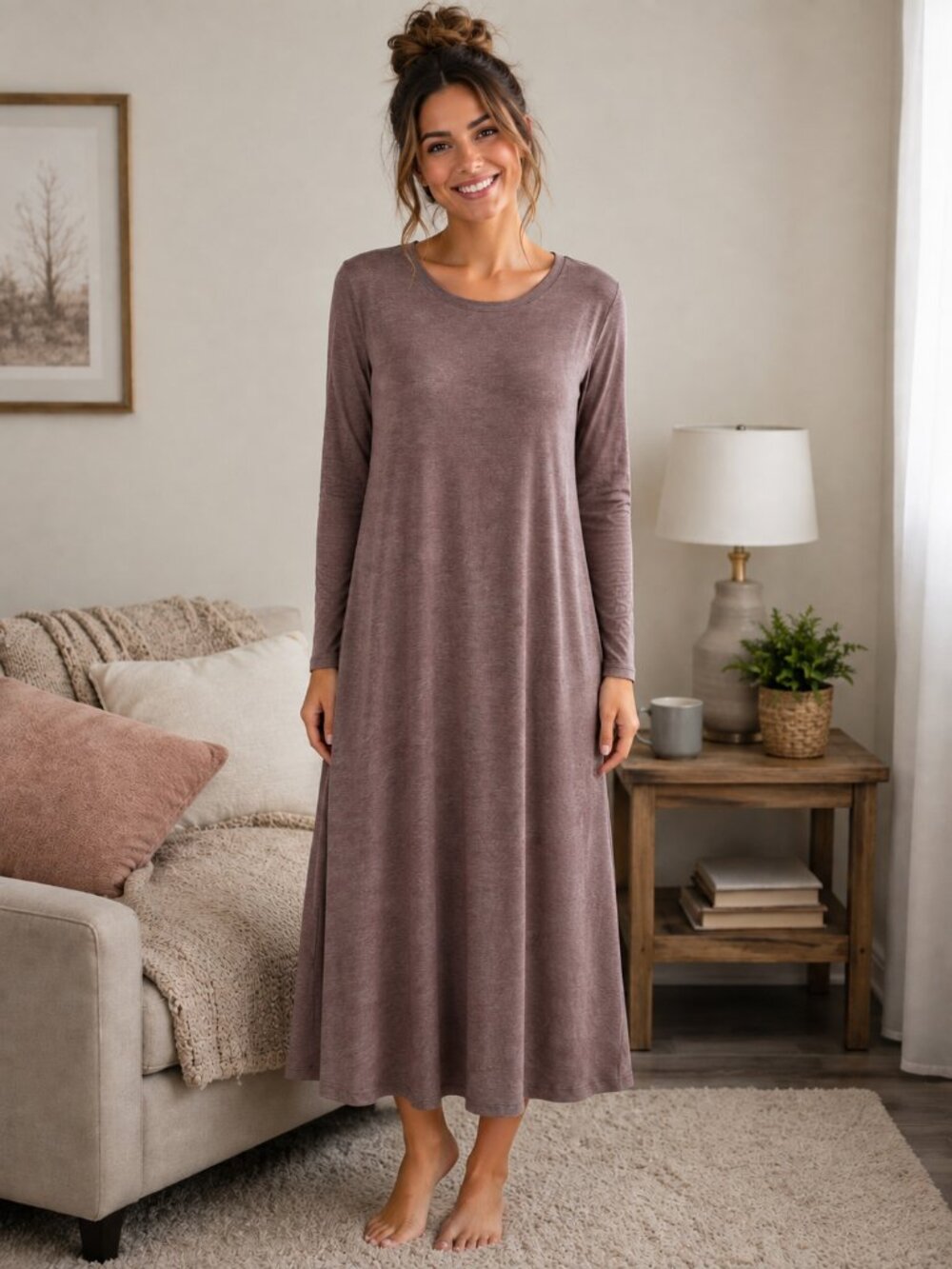 MODERN SOUL/Anybody Long Sleeve Scoop Neck Dark Taupe Midi Lounge Dress NWOT M